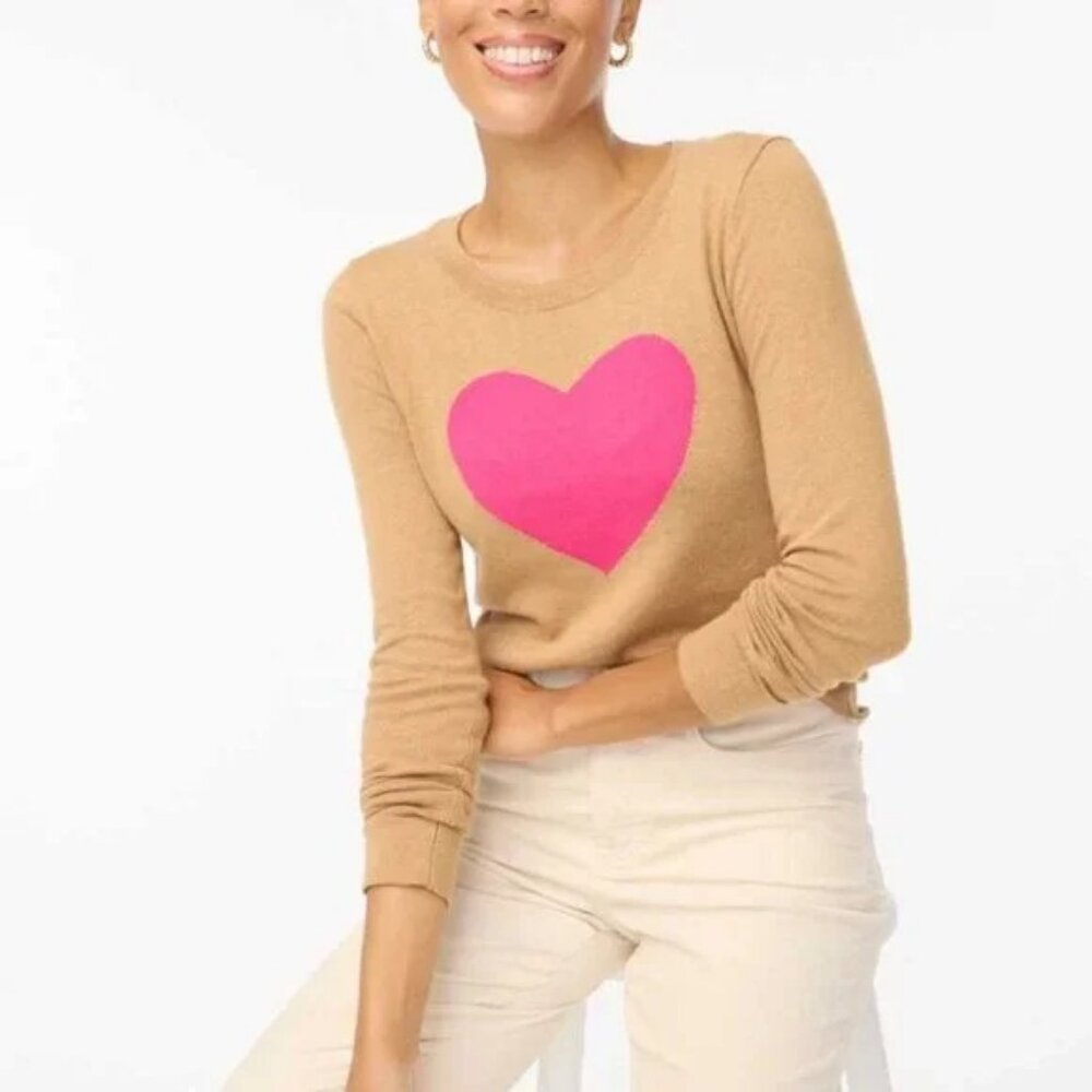 J.Crew Teddie Heart Sweater S Camel Tan Pink Heart Crewneck Preppy Coquette